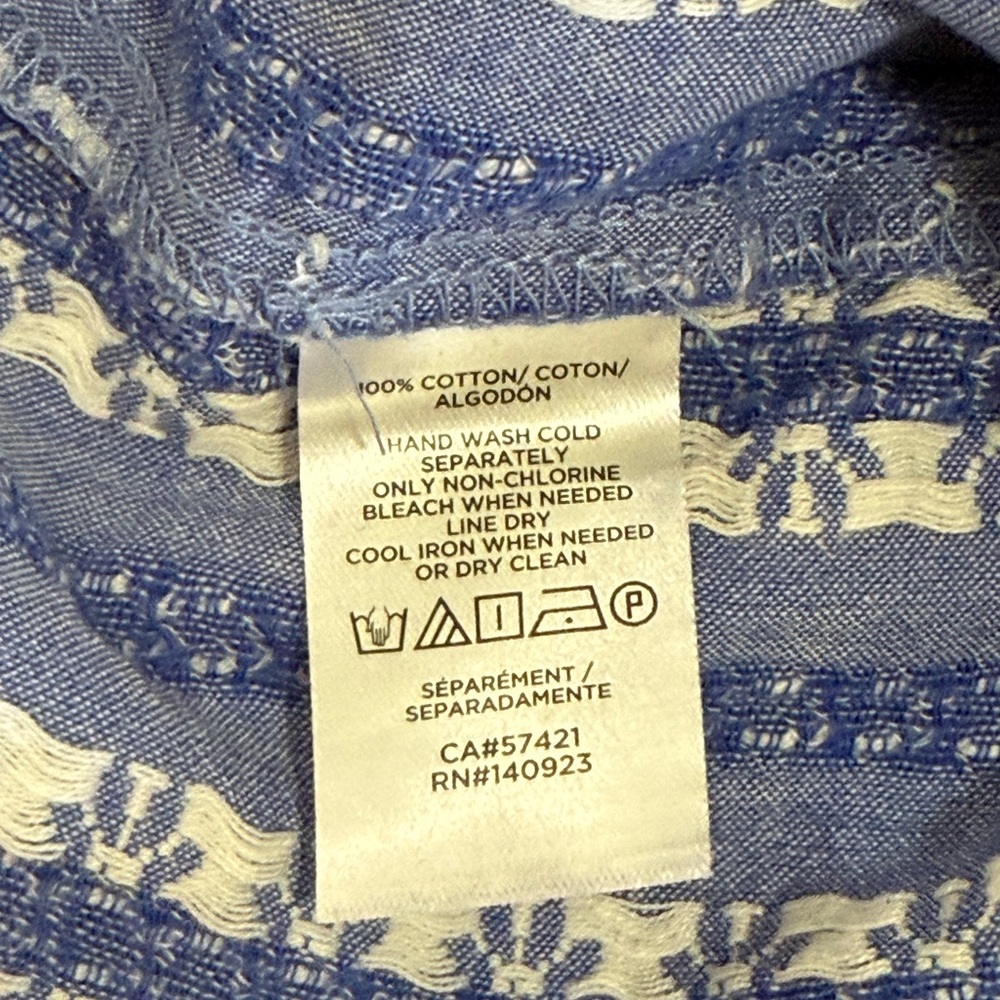 Loft Blue Denim/Linen Style Puff Sleeve Embroidered Blouse Size Medium - Picture 5 of 10
